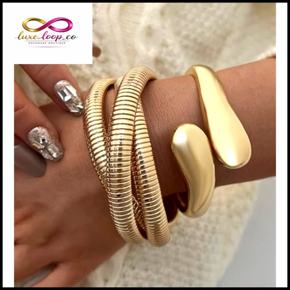 Chunky Gold Bangle Bracelets Stackable Pearl Stre… - image 7